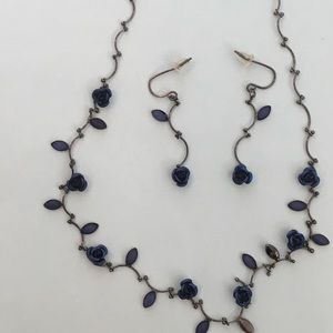 Never Worn Dark Blue Rose Necklace and Earring Set